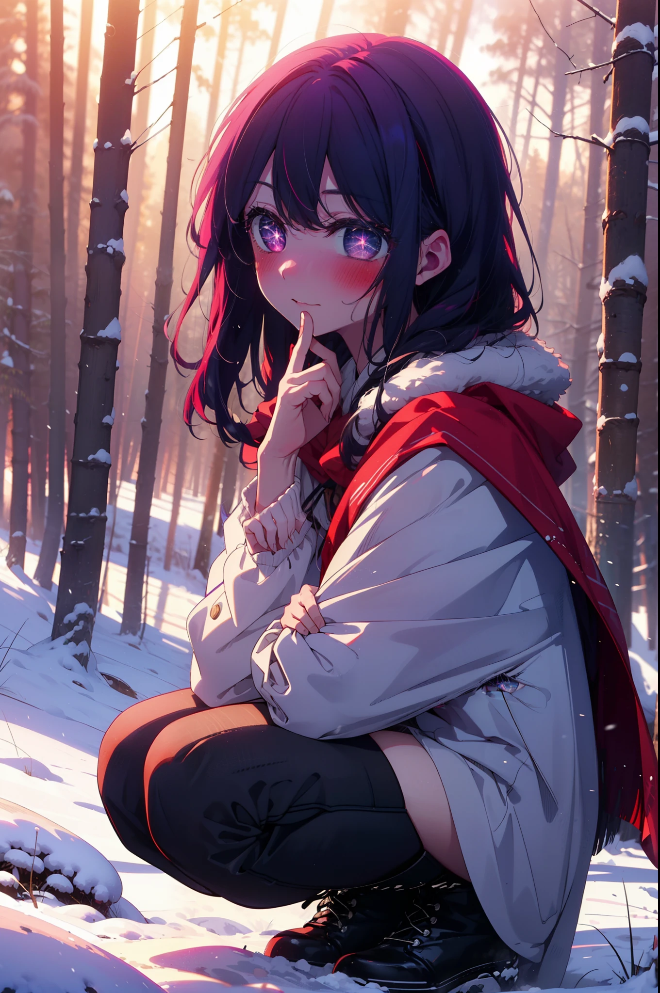 aihoshino, Ai Hoshino, Long Hair, bangs, (Purple eyes:1.1), Purple Hair, (Symbol-shaped pupil:1.5), smile,,smile,blush,white breath,
Open your mouth,snow,Ground bonfire, Outdoor, boots, snowing, From the side, wood, suitcase, Cape, Blurred, , forest, White handbag, nature, Squat, Mouth closed, Cape, winter, Written boundary depth, Black shoes, red Cape break looking at viewer, Upper Body, whole body, break Outdoor, forest, nature, break (masterpiece:1.2), Highest quality, High resolution, unity 8k wallpaper, (shape:0.8), (Beautiful and beautiful eyes:1.6), Highly detailed face, Perfect lighting, Extremely detailed CG, (Perfect hands, Perfect Anatomy),