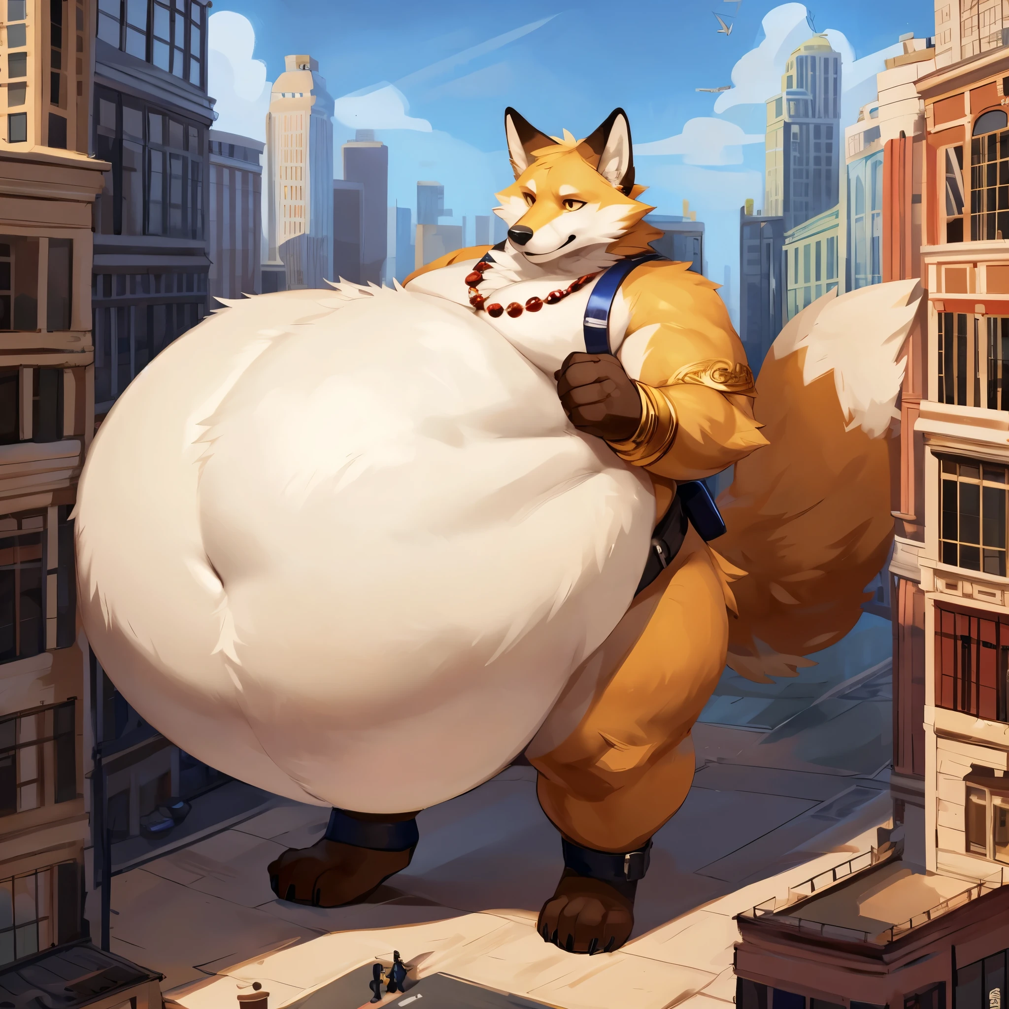 4k ultra quality, 4k full body view,ultra high detailed body,feral fox, white belly fur,big belly, (round belly), hyper belly, enormous belly, enormous body, bulge,by mystikfox61, by glitter trap boy, by bebebebebe,by morethreedee, by seibear,(thick thigh),(chubby thigh),thicc thigh,thick legs,chubby legs,thicc legs,enomorous thigh,massive thigh,massive legs,(detailed thigh),(wide thigh),thick butt,fluffy belly,furry belly,sharp nails,((sfw)),(detailed face),detailed eyes,golden eyes,(golden fur),big tail,fluffy tail,(detailed tail),enomorous tail,bigger tail,huge tail,bloated feral belly,enomorous thigh,fluffy paws,detailed paws,thick paws,chubby paws,ornate necklace,golden bracelet,multiple belts,(animal focus),(macro),in a city,(hyper penis),huge balls,huge bulge,hyper bulge,collared shirt with buttons