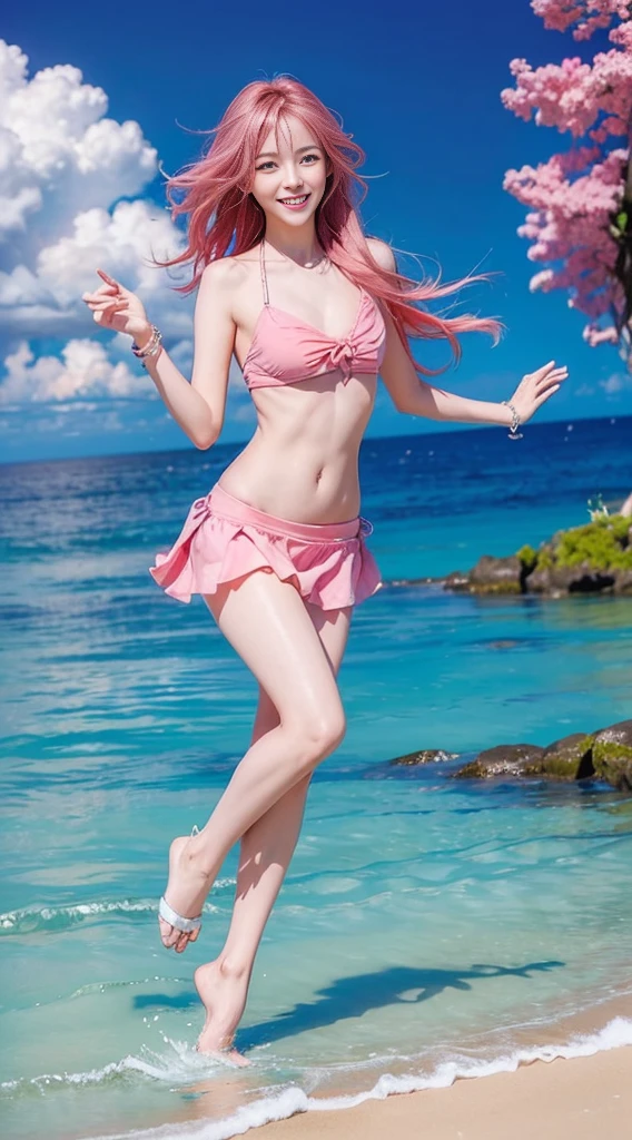 1 beautiful girl, (白のSwimwearから漏れそうな巨乳) Short skirt :1.2, length, Thin legs, Flat abdomen, slim, (((chestを大きくする :1.4))), ((Pink Hair, length-haired, very length hair)), ((Swimwear,bikini)), ((Ocean Background,Beach)),((high resolution)),((Full body,dance)),((かわいいsmile:1.3)),((とても大きなchest)).High resolution, smiling, laughing, smile, masterpiece, JK,Long Hair, chest, Highest quality, cute