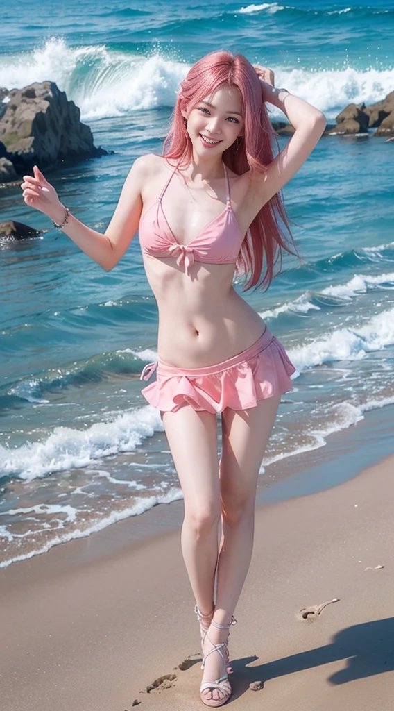 1 beautiful girl, (白のSwimwearから漏れそうな巨乳) Short skirt :1.2, length, Thin legs, Flat abdomen, slim, (((chestを大きくする :1.4))), ((Pink Hair, length-haired, very length hair)), ((Swimwear,bikini)), ((Ocean Background,Beach)),((high resolution)),((Full body,dance)),((かわいいsmile:1.3)),((とても大きなchest)).High resolution, smiling, laughing, smile, masterpiece, JK,Long Hair, chest, Highest quality, cute