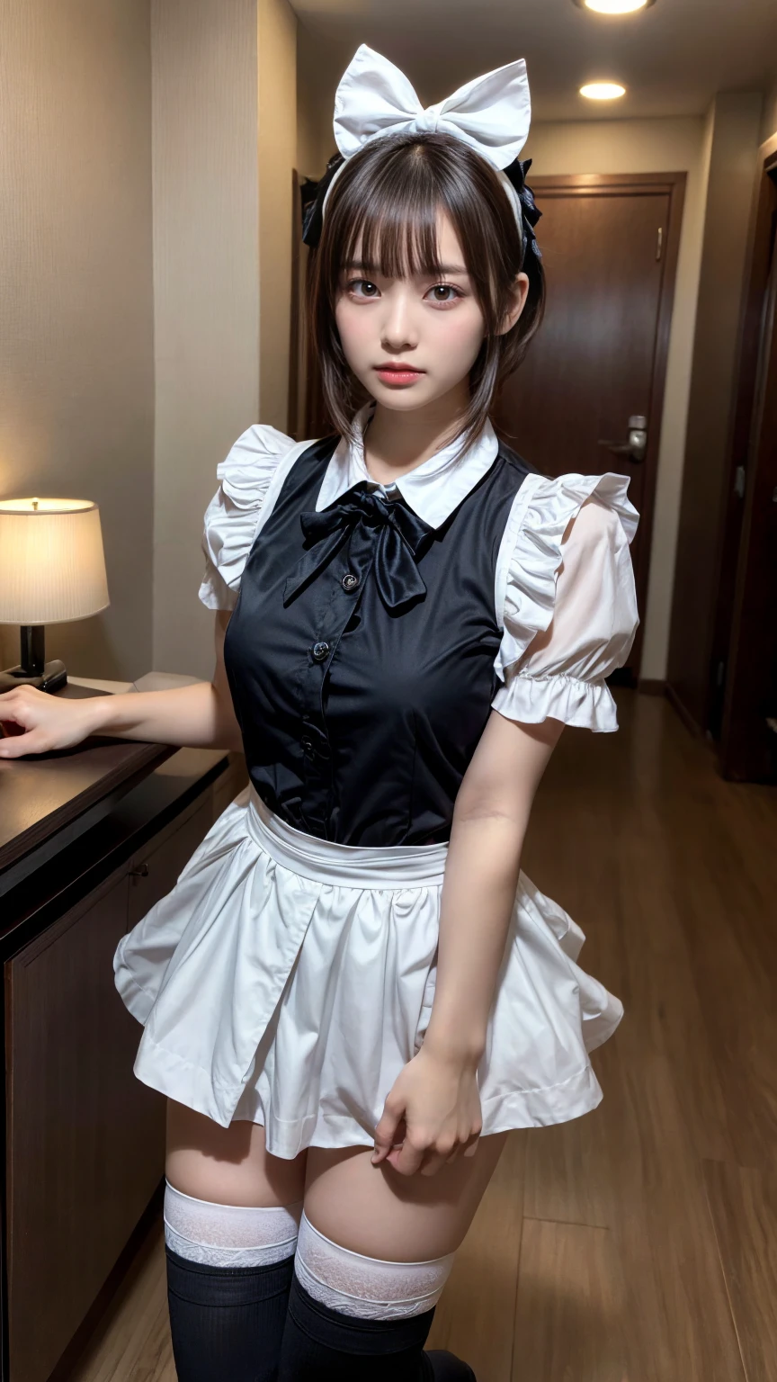 masterpiece, best quality, illustration, Super detailed, fine details, High resolution, 8K,wall paper, perfect dynamic composition,(Details High quality, realistic depiction of eyes:1.3), short hair, (wavy hair:1.2), SFW, huge breasts, hotel room, (bow ribbon, Maid, knee high socks:1.3), Aside Cutter Shirt, frill skirt, Large breasts, Don't expose it, ponytail, black hair color, Big Natural Color Lip, perfect body shape, bold sexy pose, crying a little、Harajuku style、20 year old girl、cute type、lolita、beautiful legs, full body photo、focus on crotch, hposing Gravure Idol