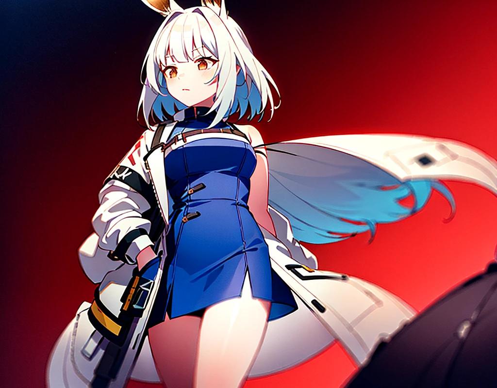 
(Arknights) Amiya standing in the middle of the battlefield, cinematic, high resolution, red-fiery background, best quality, masterpiece, detailed, brown eyes, long dark brown pony style hair, long pointy bunny ears, long sleeves black hoodie leather jacket, white cardigan with short dark blue skirt, black stocking with brown-ish light.