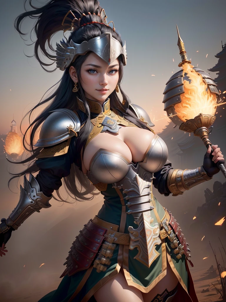 (a woman in armor with a helmet with mohawk), inspired by Li Kan, guan yu, inspired by Hu Zaobin, inspired by Huang Shen, inspired by Huang Ding, inspired by Wu Bin, bian lian, inspired by Li Gonglin, chinese three kingdoms, inspired by Li Cheng, genghis khan, inspired by Pu Hua, Highly detailed CG unit 8k wallpaper, masterpiece, High resolution, highest quality, highest quality real texture skin, Super Real, Digital Painting, Best image quality, 最High resolution, 8k, (((Highly detailed eyes and face, Beautiful eyes every detail))), disproportionate breasts, huge breasts, sagging breasts, gigantic breasts, grin, black hair, 