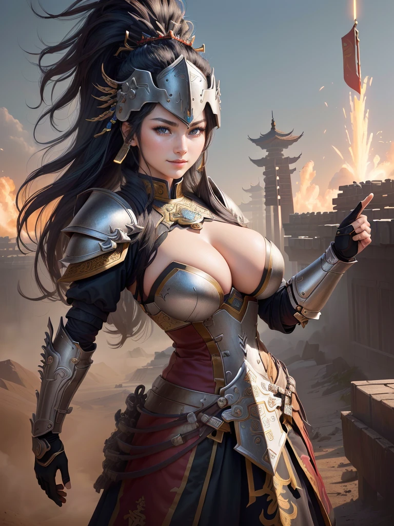 (a woman in armor with a helmet with mohawk), inspired by Li Kan, guan yu, inspired by Hu Zaobin, inspired by Huang Shen, inspired by Huang Ding, inspired by Wu Bin, bian lian, inspired by Li Gonglin, chinese three kingdoms, inspired by Li Cheng, genghis khan, inspired by Pu Hua, Highly detailed CG unit 8k wallpaper, masterpiece, High resolution, highest quality, highest quality real texture skin, Super Real, Digital Painting, Best image quality, 最High resolution, 8k, (((Highly detailed eyes and face, Beautiful eyes every detail))), disproportionate breasts, huge breasts, sagging breasts, gigantic breasts, grin, black hair, 