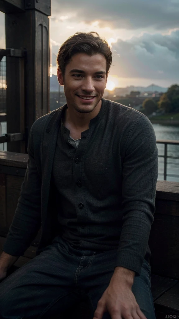 a man sitting on the bridge, relaxing, smile, bridge photography, handsome man, extremely detailed face, smile, detailed eyes, detailed lips, chiaroscuro lighting, cinematic composition, dramatic lighting, moody atmosphere, warm color palette, high contrast, photorealistic, (best quality,4k,8k,highres,masterpiece:1.2),ultra-detailed,(realistic,photorealistic,photo-realistic:1.37)