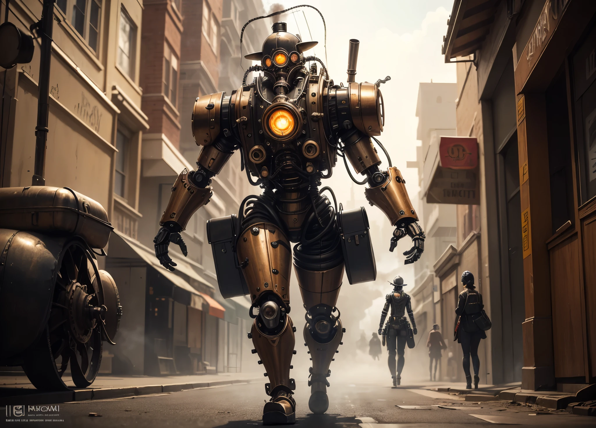 (steam punk)(a mechanical detective, humanoid, piston driven arms & legs, steam vents) walks the streets of the city seeking a wanted criminal
