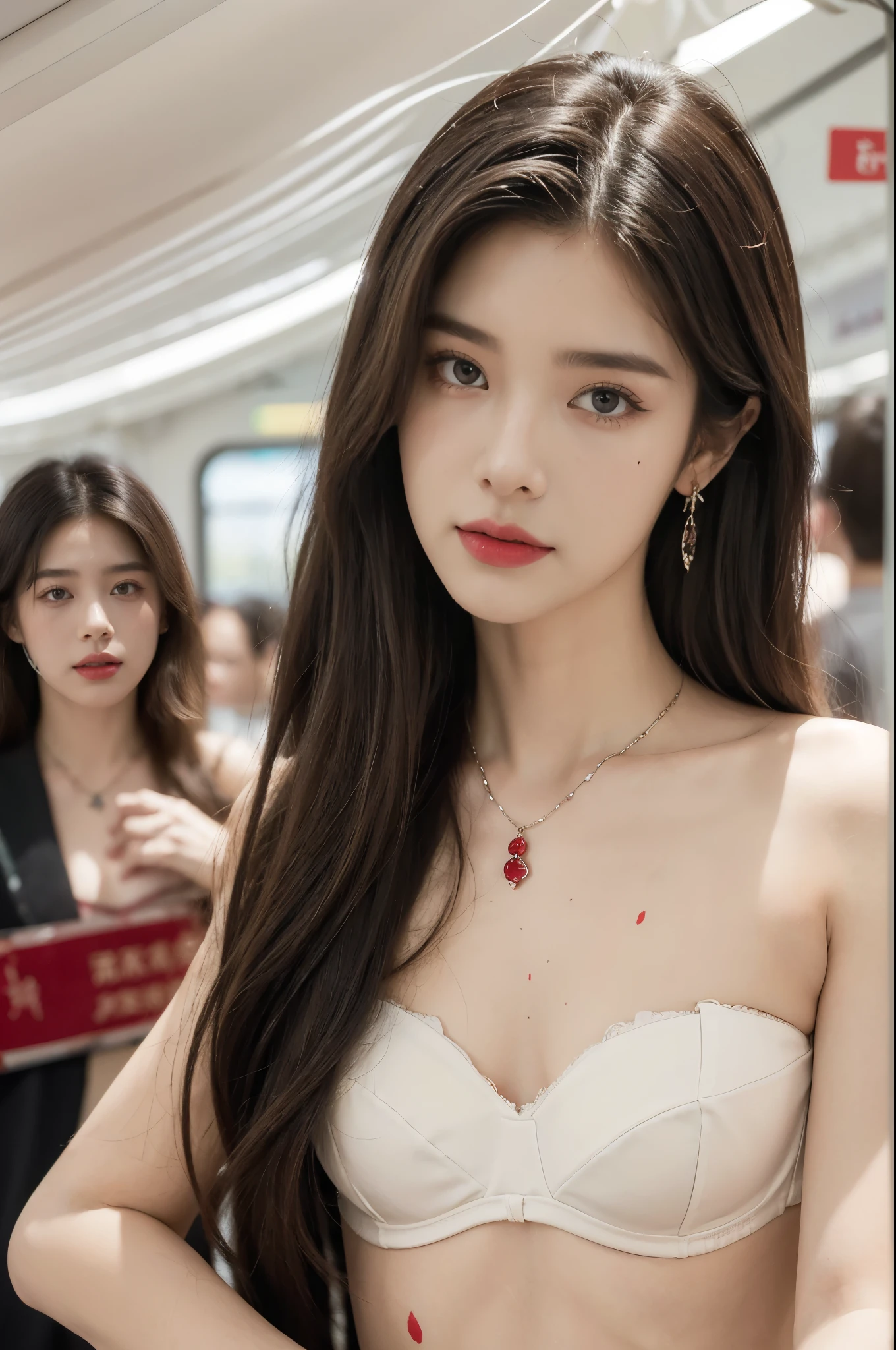 (((best quality))),(((ultra detailed))),(((masterpiece))),illustration,(a stunning girl,solo),(shoulder length straight hair:1.2),((earrings,necklace)),((slim,thin)),((small breasts,flat chest)),(standing:1.3), ((awkwardly,painful,embarrassed)),(In modern high-speed railway carriages:1.3),(strapless white bra splattered with red paint stains:1.3),(surrounded by crowded crowds:1.3),((from front,close-up of face))