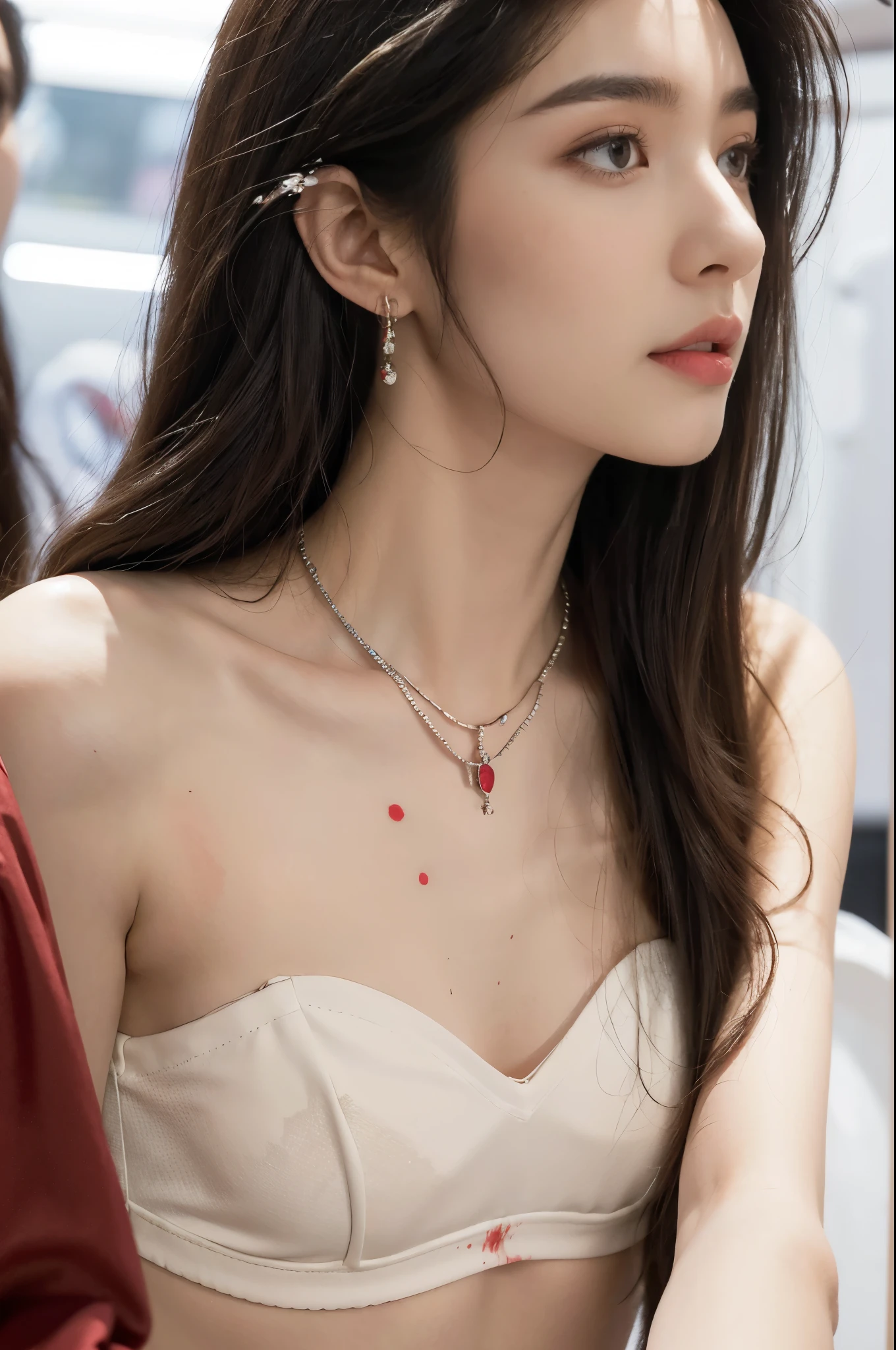 (((best quality))),(((ultra detailed))),(((masterpiece))),illustration,(a stunning girl,solo),(shoulder length straight hair:1.2),((earrings,necklace)),((slim,thin)),((small breasts,flat chest)),(standing:1.3), ((awkwardly,painful,embarrassed)),(In modern high-speed railway carriages:1.3),(strapless white bra splattered with red paint stains:1.3),(surrounded by crowded crowds:1.3),((from front,close-up of face))