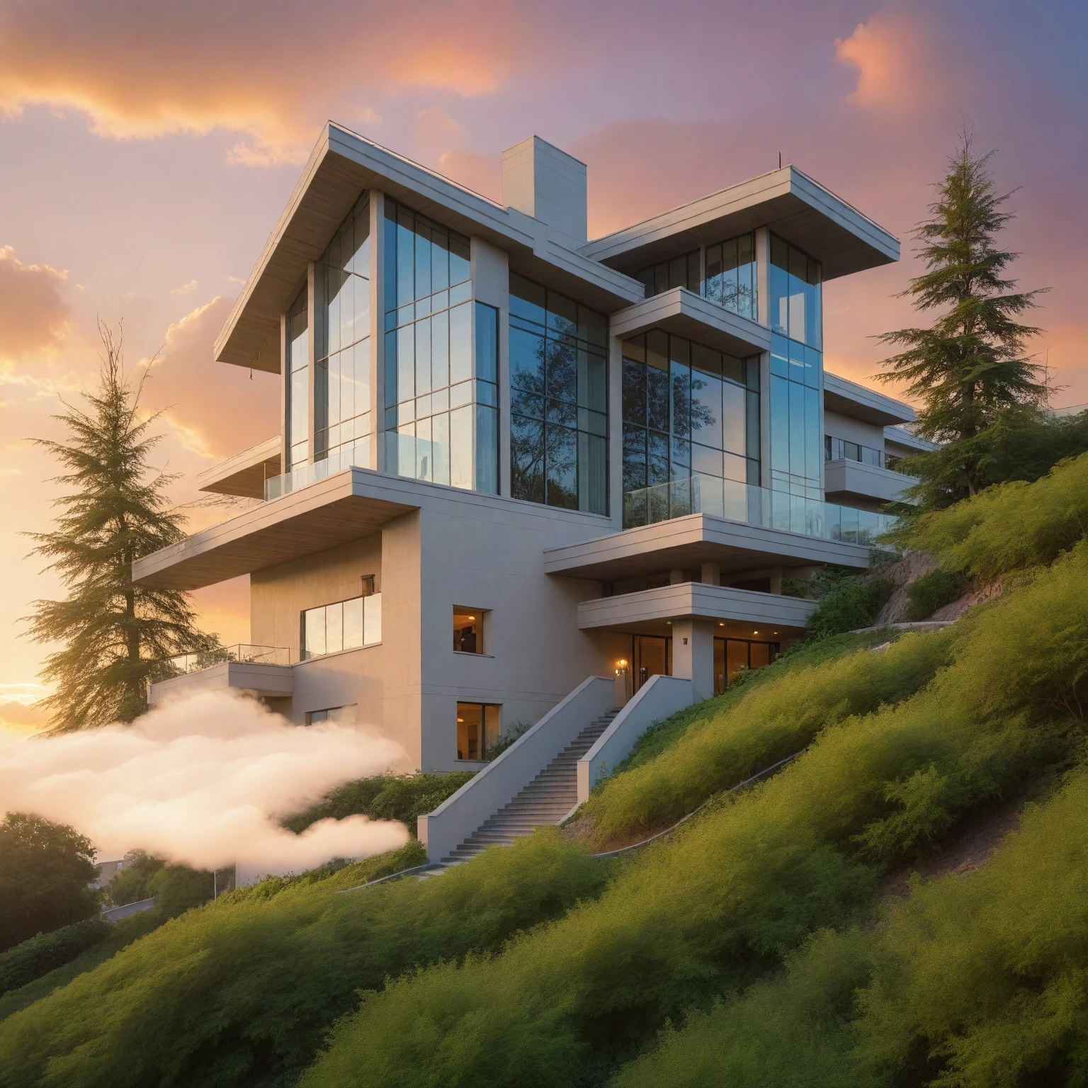 architecture, (HILL) resort, vine, trees, cloud, sunset, vivid colours, sky, masterpiece,best quality,super detailed,realistic,photorealistic, 8k, sharp focus, a photo of a building day light, sun, cloud, RAW Photo, RAW texture, Super Realistic, 32K UHD, DSLR, soft lighting, high quality, film rating, Fujifilm XT3