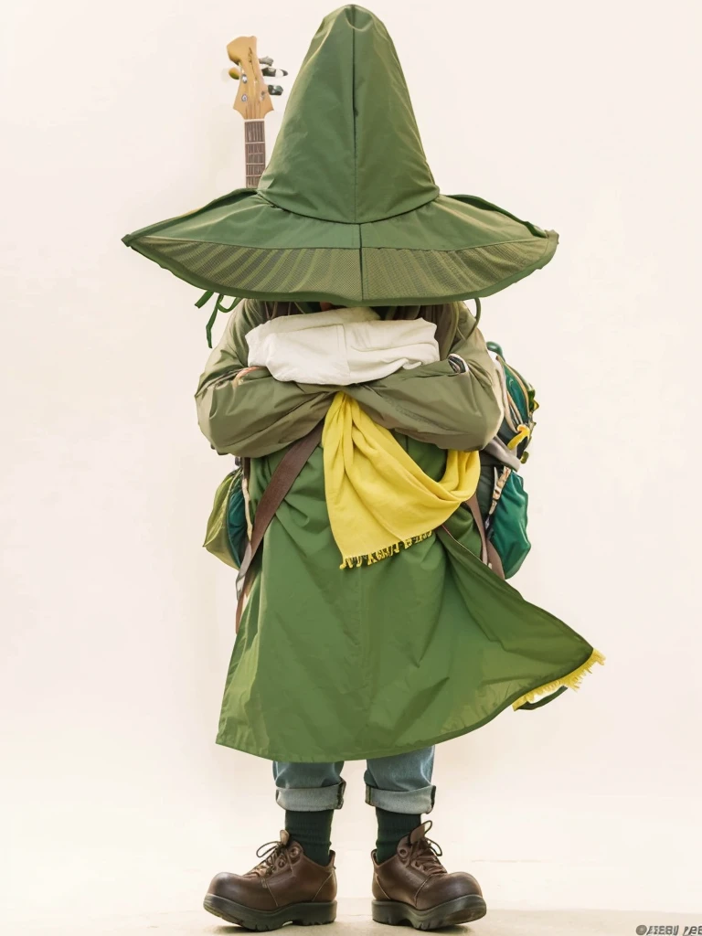 Green tricorn hat、Guitar and backpack on his back、Green clothes and yellow-green scarf、Cool adult man、Looking at this、I can see your face