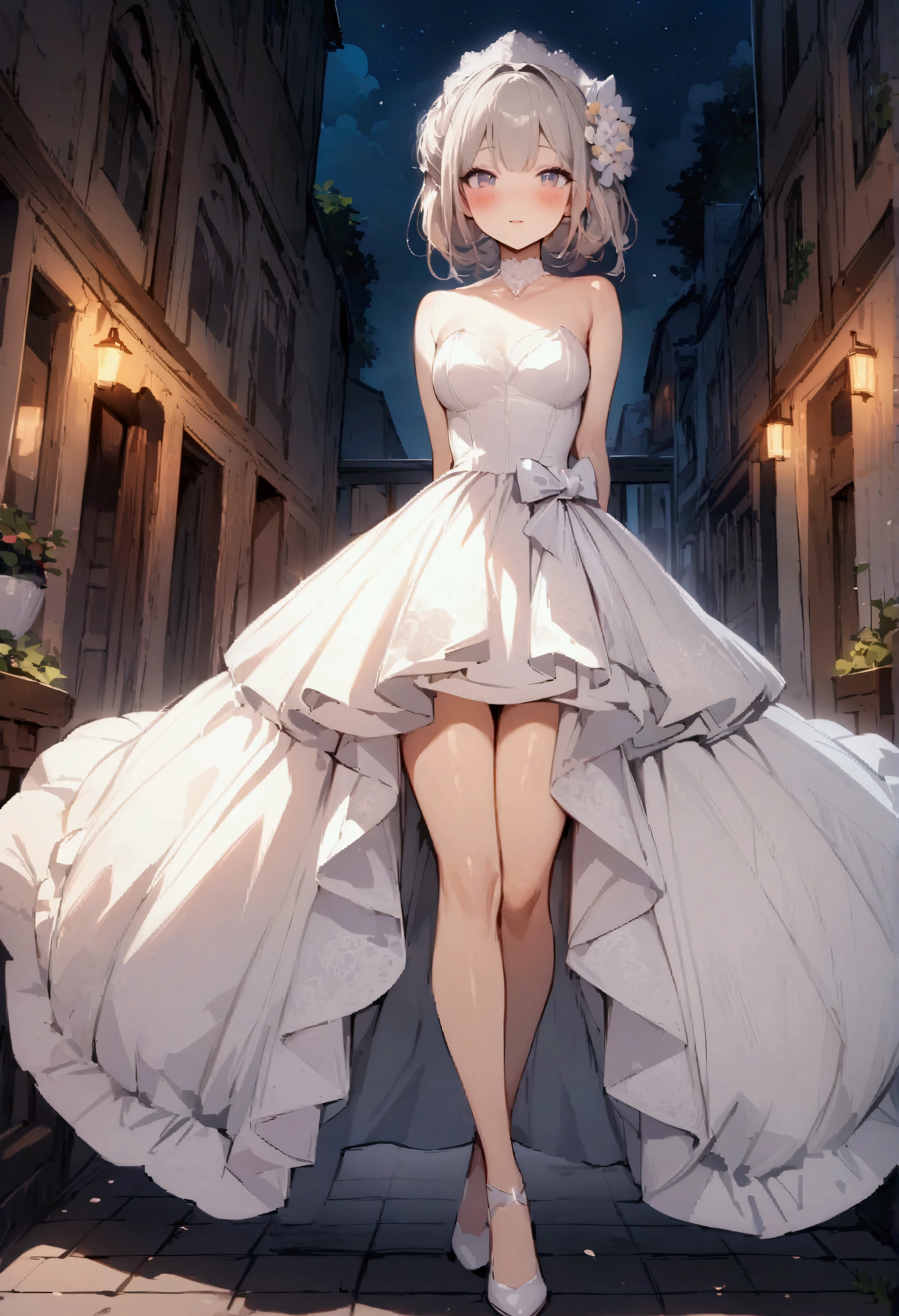 (best quality, high definition, masterpiece:1.2,), Illustration, night, 1girl, full body, (wedding dress), arm behind back, waiting for kiss, looking at viewer, happy, blush,