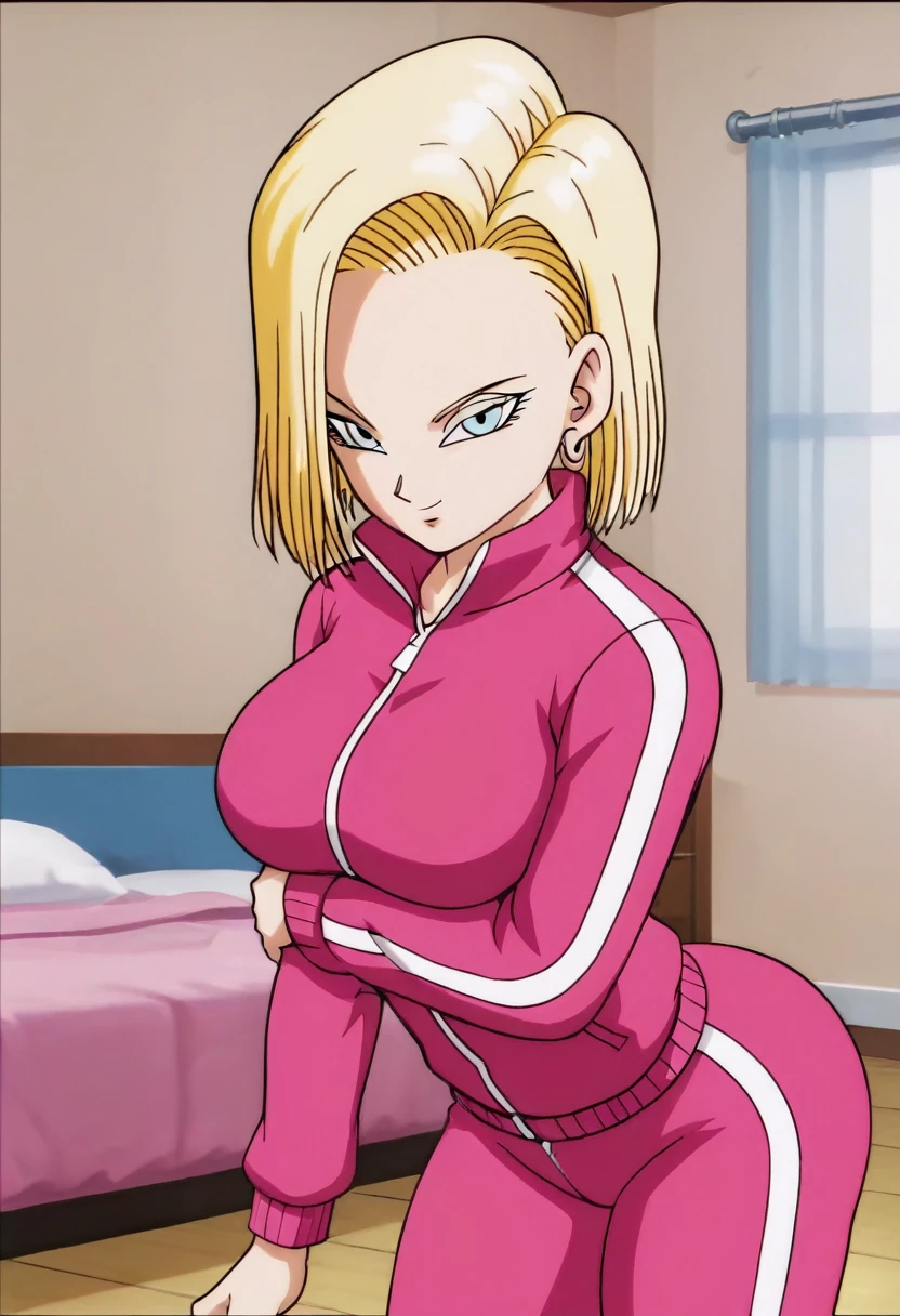 source_anime, score_9, score_8_up, score_7_up, anime screencap,
detailed face, android 18, supertop, 1girl, solo, looking at viewer, short hair, blue eyes, blonde hair, Big breasts, collarbone, hoop earrings, bedroom, collar up, open jacket, pink jacket, track suit, track pants, pink pants, standing, bent over, Big ass, sexy ass, thick legs, wide hips, bent over
