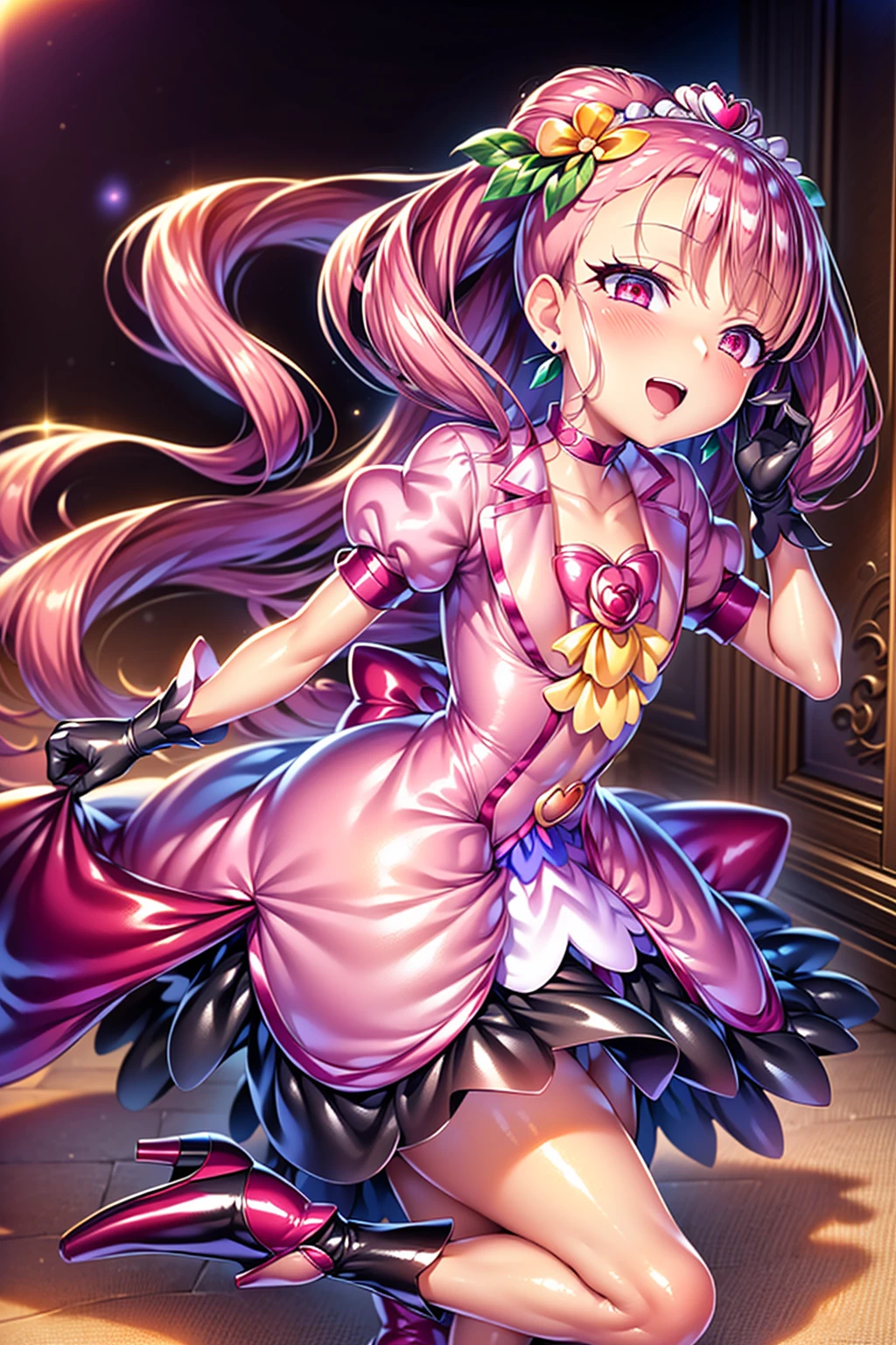 cure grace, 1 girl, pink hair, low twintails, black hair ornament, (gothic ta:1.3), black skirt, black tiara, wrist cuffs, black gloves, black gothic dress, low bat wings, black fur, blush cheeks, black enamel boots, corruption, half-closed eyes, Jewelry, no pupils, (evil smile), (shiny fabric:1.5) open mouth, dark magical girl