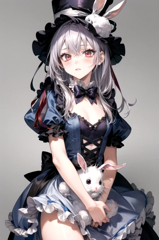 (((Wearing a top hat、Woman holding a rabbit on her chest))), knees、Cowboy Shot、Official Art、Unity8k wallpaper、Ultra-detailed、Beautiful and aesthetic、masterpiece、Highest quality、Detailed eyes、Red eyes、(((Small )))、Cowboy Shot、above kneese、Vania Zhuravlyov, Floral Punk Elysian Maiden, (((Alice in Wonderland in Gothic Lolita Fashion))),Hajime Sorayama Aaron Horkey, Alice in Wonderland Cyberpunk, Alice in Wonderland portrait, Jean＝Sebastian Rosbach, BaroqueVisual KeiDecorative Art, inspired by Tsukioka Yoshitoshi、(((No background))),