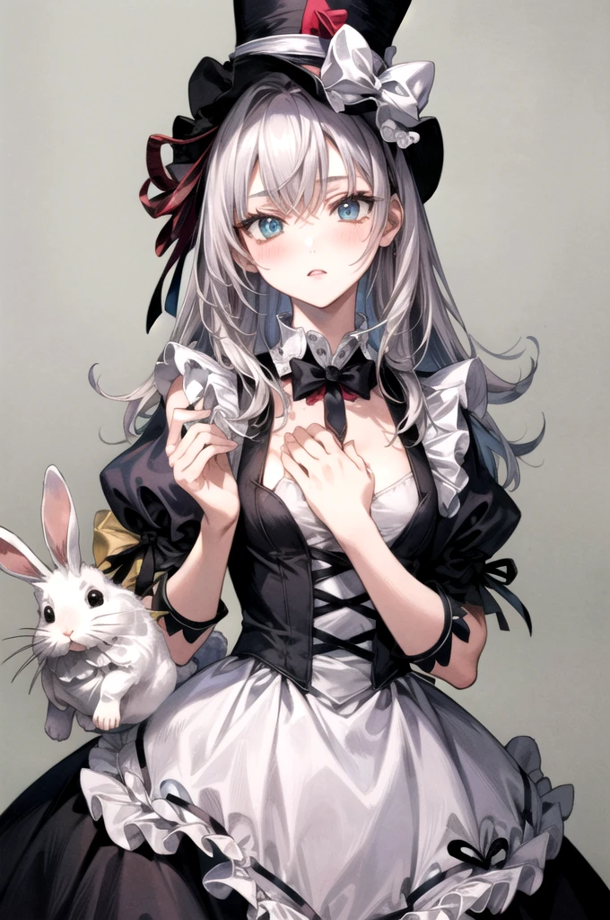 (((Wearing a top hat、Woman holding a rabbit on her chest))), knees、Cowboy Shot、Official Art、Unity8k wallpaper、Ultra-detailed、Beautiful and aesthetic、masterpiece、Highest quality、Detailed eyes、Red eyes、(((Small breasts)))、Cowboy Shot、above kneese、Vania Zhuravlyov, Floral Punk Elysian Maiden, (((Alice in Wonderland in Gothic Lolita Fashion))),Hajime Sorayama Aaron Horkey, Alice in Wonderland Cyberpunk, Alice in Wonderland portrait, Jean=Sebastian Rosbach, BaroqueVisual KeiDecorative Art, inspired by Tsukioka Yoshitoshi、(((No background))),
