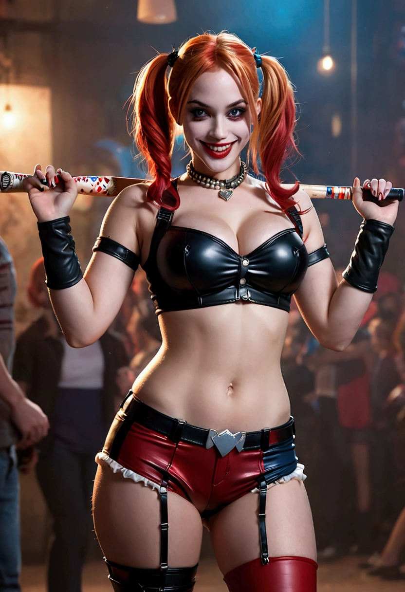 ultra realistic, photography, long red hair, girl, 24 years old, hourglass figure, perfect body, Flirty look, extremely detailed artgerm, in the style artgerm, small breasts, facing the camera, lens 35 mm, blur background, Harley Quinn costume, lively costume party as background, holding one baseballbat in her hands, laughing
