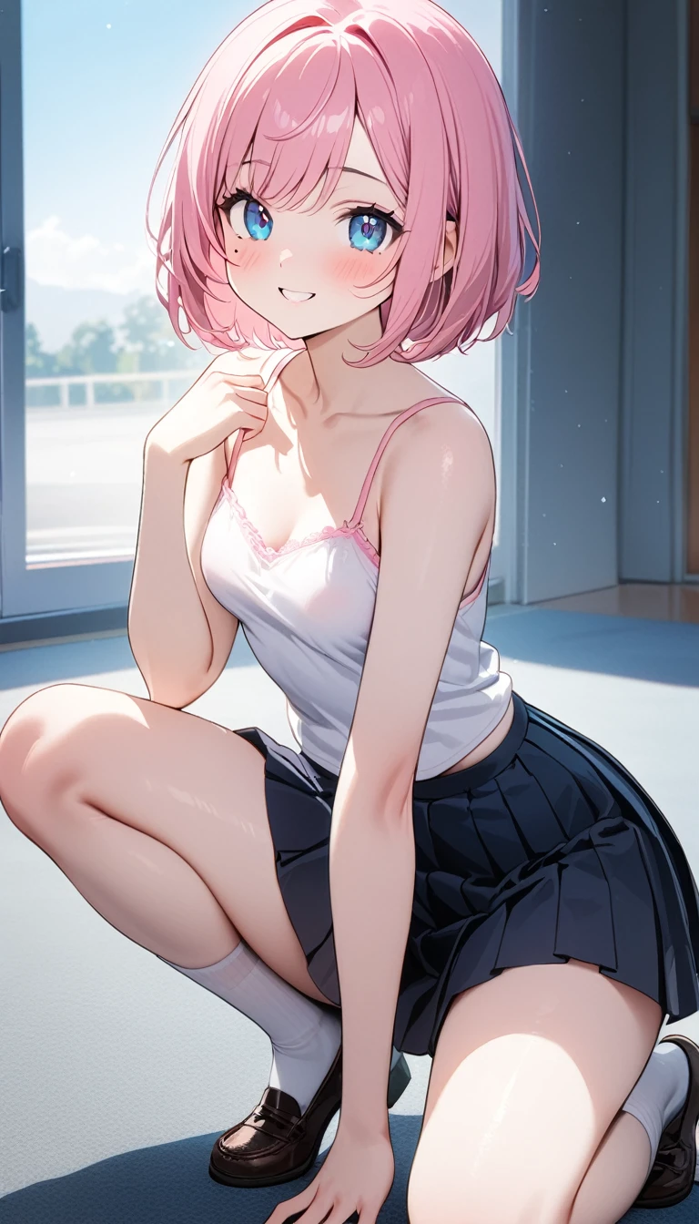 (1 girl),(Best Picture Quality, 8K, Masterpiece:1.3), (high school student:1.5), ((pink lob hair:1.1)), (bob cut),(swept bangs), (cute eyes, pupil black, iris skyblue, youthful face), (mole under right eye), (standard weight), (small breasts),(big hip), (glistening skin:1.1),(pale skin:1.2),((camisole,pleated skirt)),(Smile),((fog skin:1.1)),(on one knee),(pee stain panties),