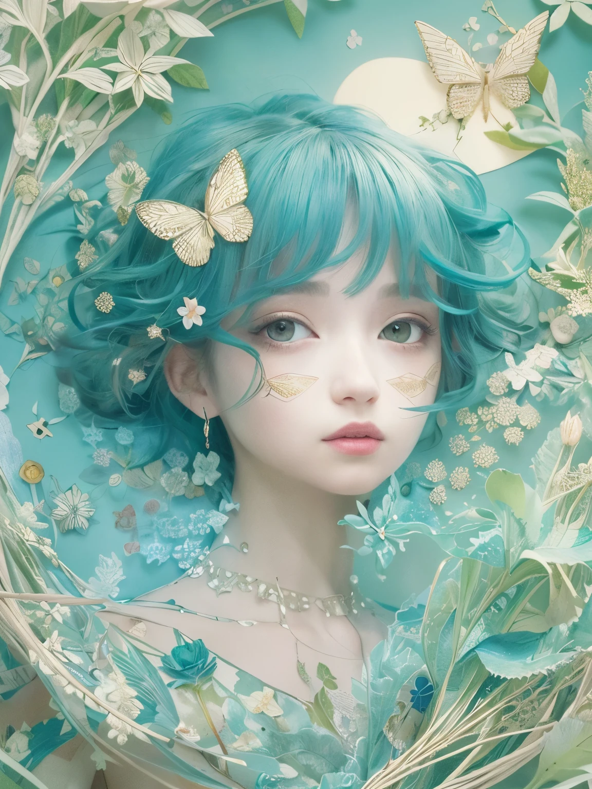 ((((masterpiece))), Highest quality, An illustration, Beautiful details shine,
paper_cut, The details of a fragile girl's face captured on camera, wood, moon, butterfly,Wind,flower、star、Blue haze