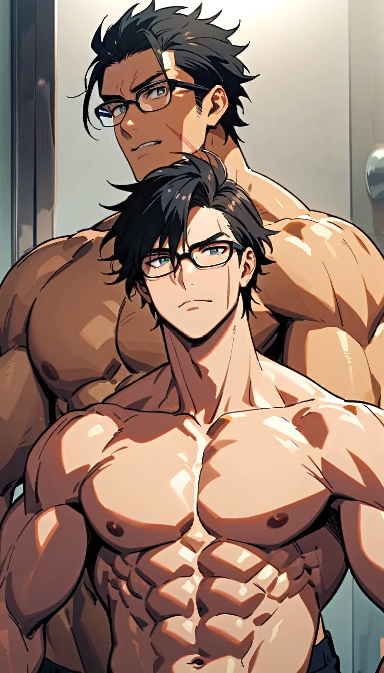 Male, black hair, hair parted in the middle, a scar on the right cheek, large chest, muscular, shirtless, glasses. 