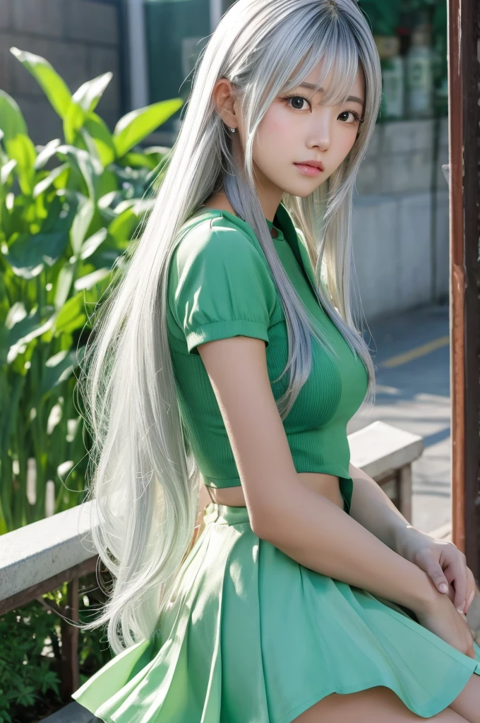 green onion　beautiful girl　Long silver hair　Tsundere　Fair skin