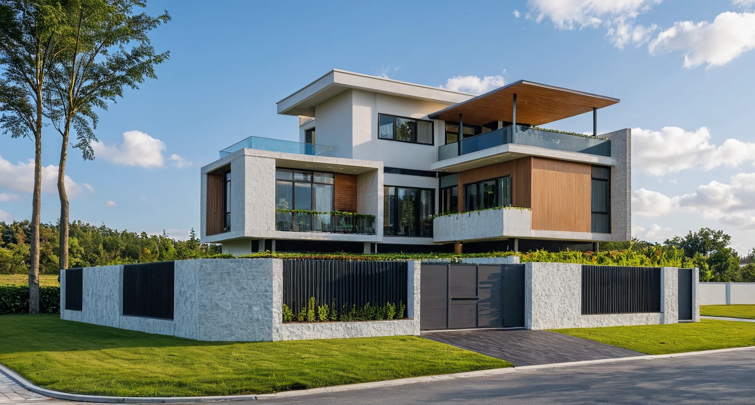 Masterpiece, high quality, best quality, authentic, super detail, outdoors, onestoreyvillaXL, aiaigroup, house style modern on the street ,stairs, white wall ,road,pavement, grass, trees, sky, cloud, (daylight:1.1)
