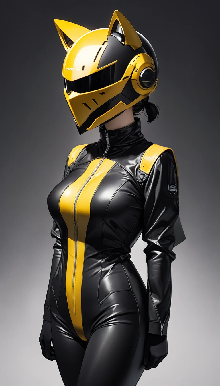 woman in a black zip-up biker tight leather suit, great proportions, yellow full-face helmet with cat ears and black shield, face is hidden and cannot be seen, 2.5D, delicate and dynamic