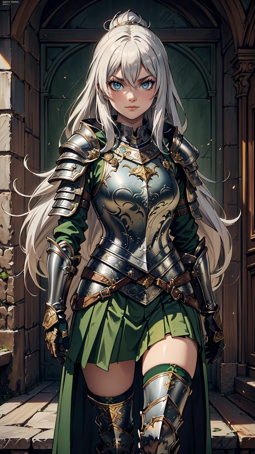 最high quality、Ultra High Definition, Ultra High Quality, Hyper Definition, Hyper Quality, Hyper Detailed, Extremely Detailed, Perfectly Detailed, Best image quality、masterpiece、anime woman((20-year-old、super dynamic pose , Green solid eyes, Silver long Hair、Disheveled Hair、Long White Hair,  Glove、Green Skirt, Noble Armor, Smirk, cheerful expression, Detailed Cuirass , Dressed in Full Coverage Noble Plate Armor, leg armor)),high quality、Beautiful art、background((Inside the mansion))、Written boundary depth、  movie、Visual Arts、Perfect art、8K,Genuine、