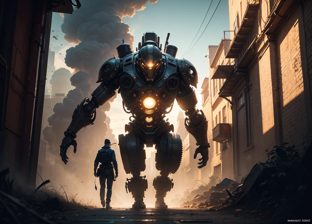 a humanoid mechanical detective with piston driven arms and legs, steam vents, walking the steampunk streets of the city searching for a wanted criminal,(best quality,4k,8k,highres,masterpiece:1.2),ultra-detailed,(realistic,photorealistic,photo-realistic:1.37),highly detailed, elaborate mechanical design, intricate gears and pipes, worn and weathered metal, dark moody lighting, dramatic shadows, cinematic composition