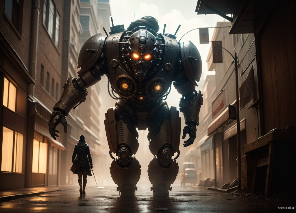 a humanoid mechanical detective with piston driven arms and legs, steam vents, walking the steampunk streets of the city searching for a wanted criminal,(best quality,4k,8k,highres,masterpiece:1.2),ultra-detailed,(realistic,photorealistic,photo-realistic:1.37),highly detailed, elaborate mechanical design, intricate gears and pipes, worn and weathered metal, dark moody lighting, dramatic shadows, cinematic composition
