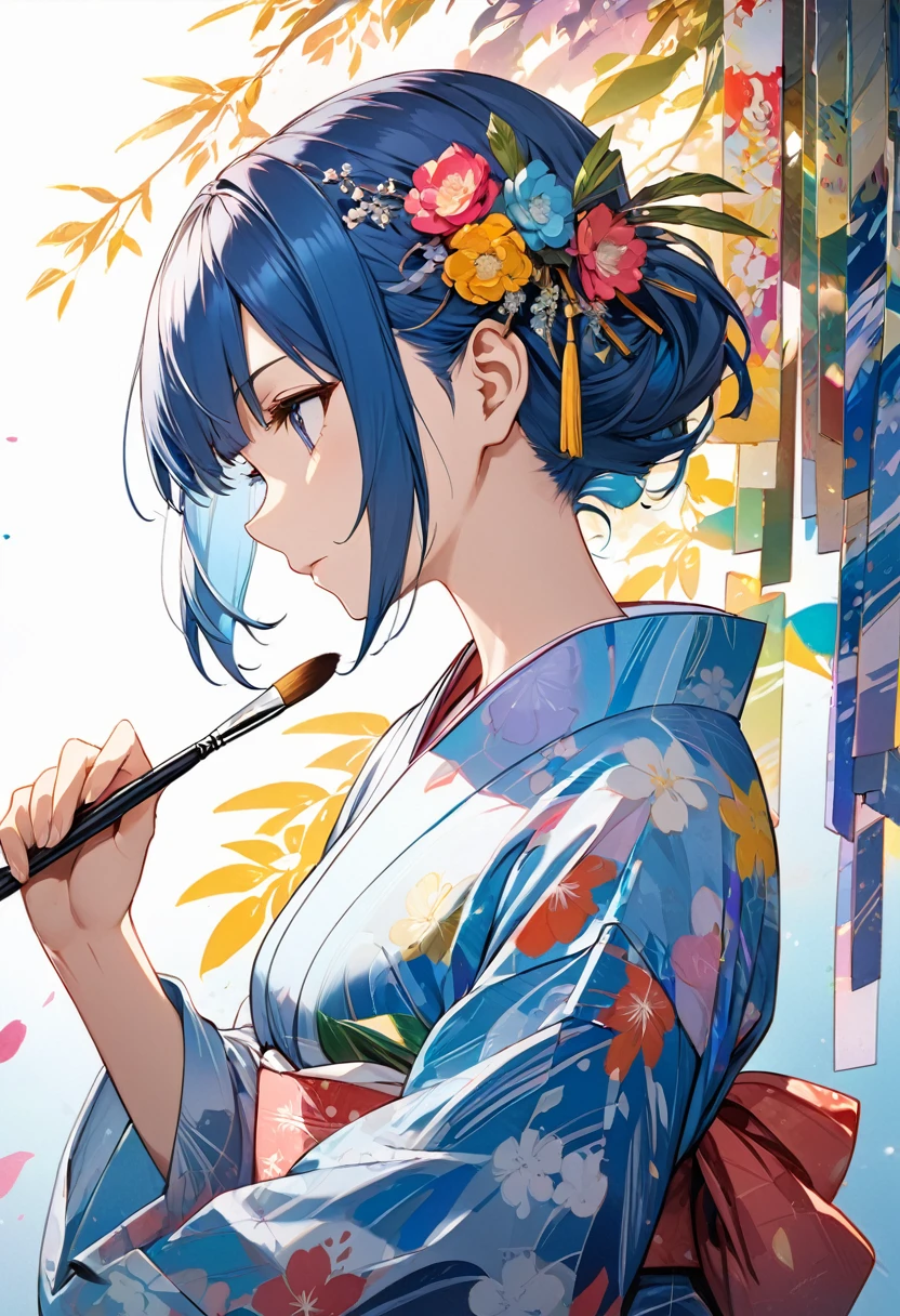 Acrylic painting of a Japanese “tanabata”girl donning a yukata,, blending techniques with elements reminiscent of Genshin Impact, showcased with a medley of palette knife and brush strokes, trending on Pixiv Fanbox, high-key palette, soft yet defined. A detailed and intricate illustration of a person with short blue hair adorned, in profile view, Masterpiece, Best Quality, flat, Manga Scan, Anime, cinematic lighting, drawn Art, by Studio Trigger, clip studio paint, Anime Wallpaper, Deep Color, Cel-Shaded