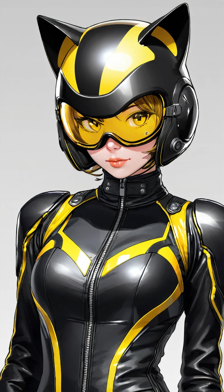 woman in a black zip-up biker tight leather suit, great proportions, yellow full-face helmet with cat ears and black shield, face is hidden and cannot be seen, 2.5D, delicate and dynamic