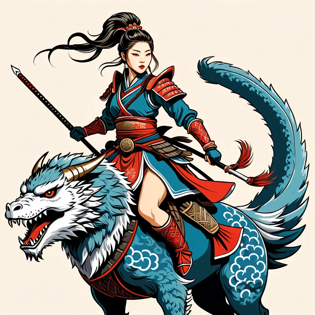 nordic female warrior in japanese folk outfit, riding a monster, vector graphics, strong contours
