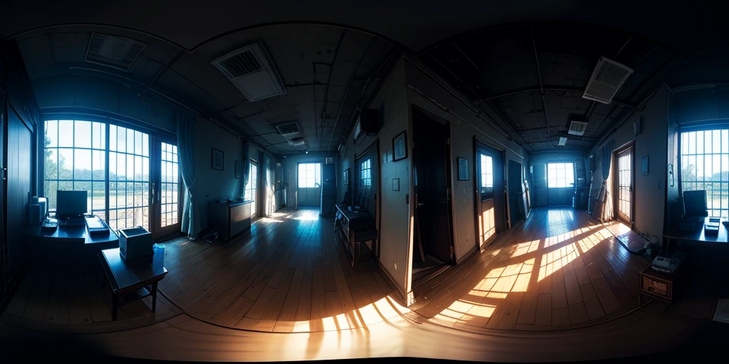Equirectangular 360-degree panorama view photo with left and right ends seamlessly connected. first person, ((darkness)), fantasy, in a wasted room