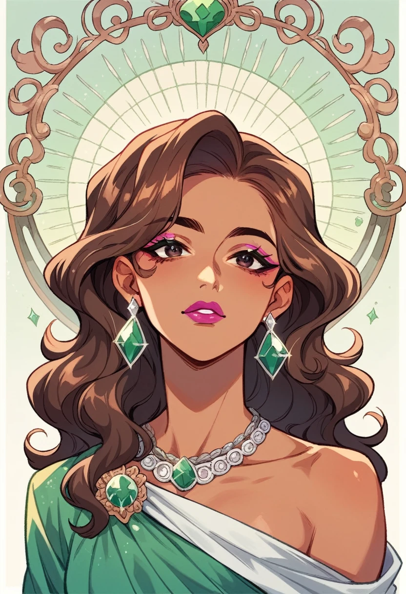 Close-up of a woman with long, wavy brown hair. She is wearing silver earrings with green gemstones and a matching necklace. Her makeup includes pink lipstick and dark eye makeup, and she is dressed in a silver embellished garment.look like malaika arora khan