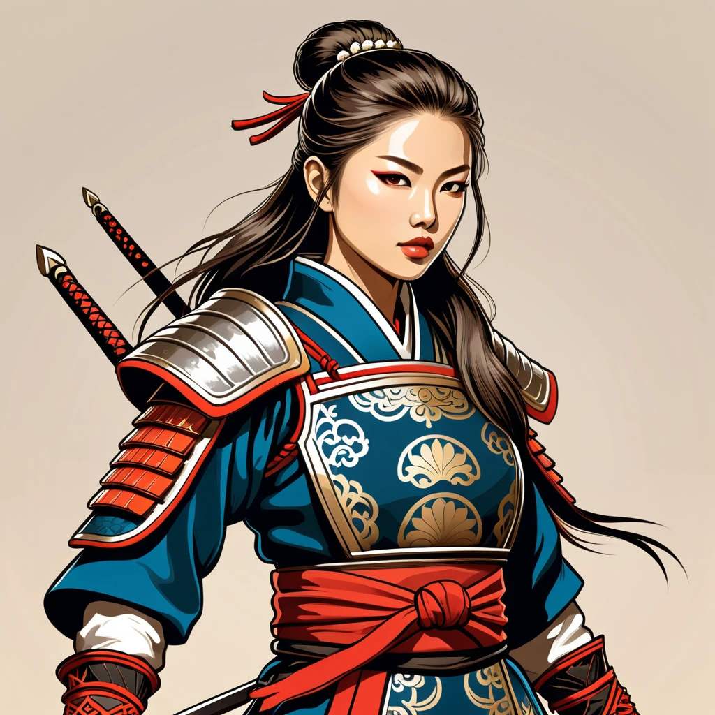 nordic female warrior in japanese folk outfit, vector graphics, strong contours