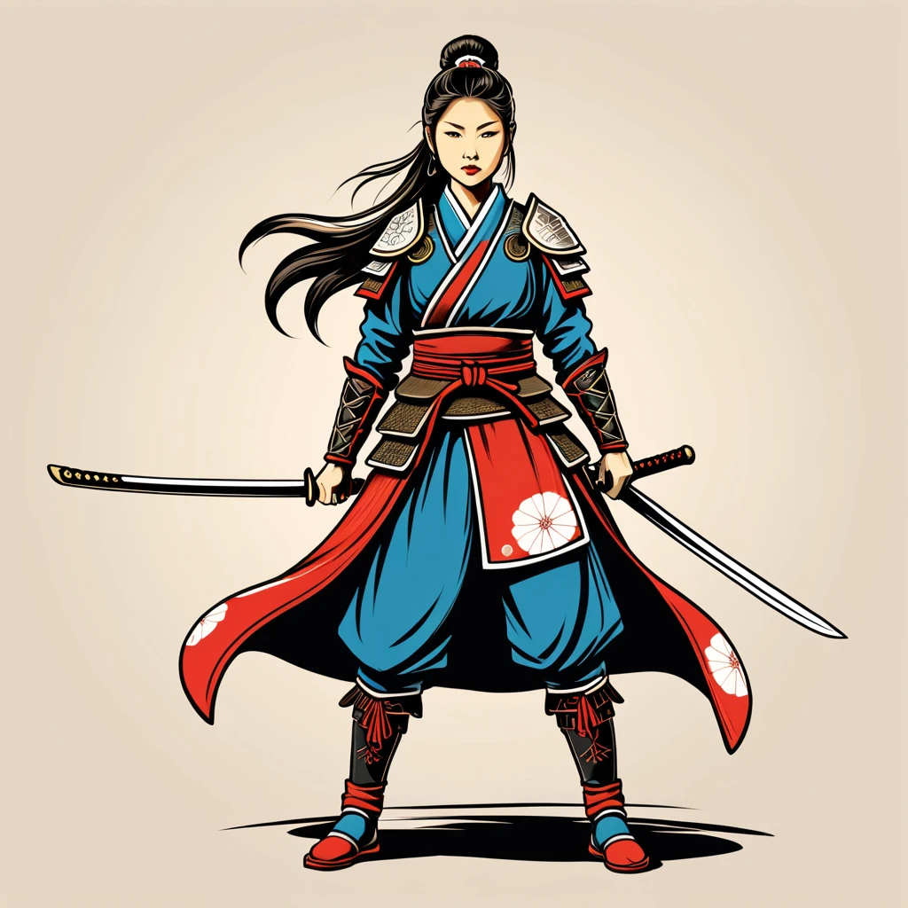 nordic female warrior in japanese folk outfit, vector graphics, strong contours