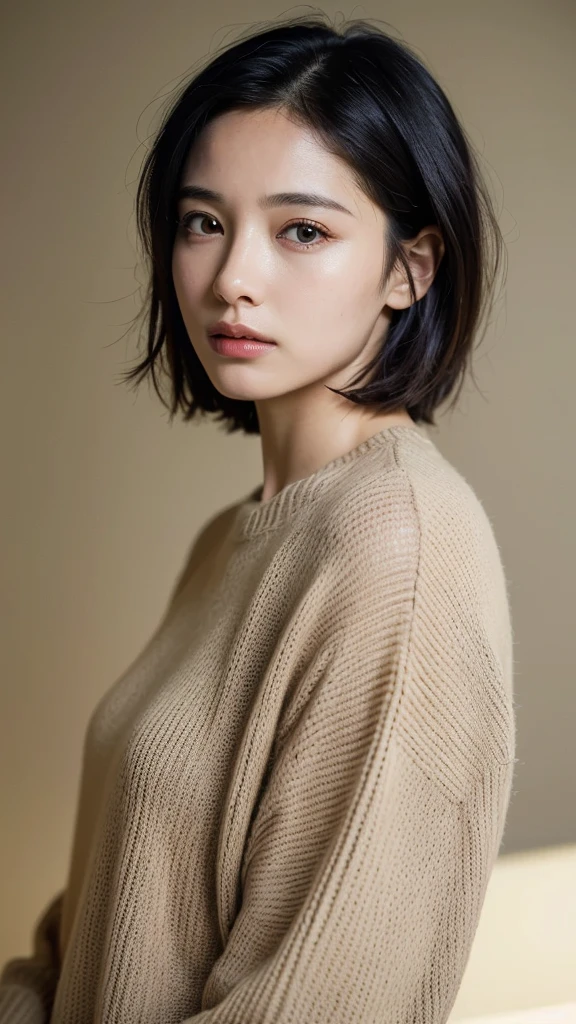 (masterpiece:1.3), (8k, photorealistic, RAW photo, best quality: 1.4), (1girl), beautiful face, (realistic face), (black hair, short hair:1.3), beautiful hairstyle, realistic eyes, beautiful detailed eyes, (realistic skin), beautiful skin, (sweater), absurdres, attractive, ultra high res, ultra realistic, highly detailed, golden ratio