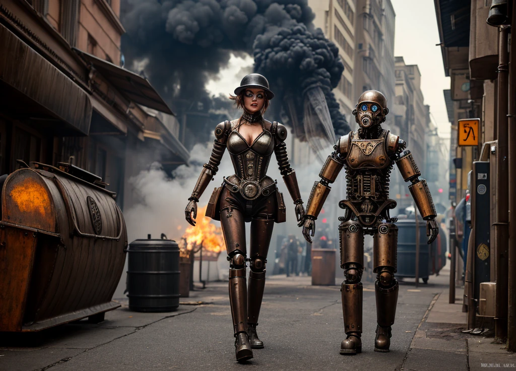 (steam punk)(a mechanical detective, humanoid, piston driven arms & legs, steam vents) walks the streets of the city seeking a wanted criminal