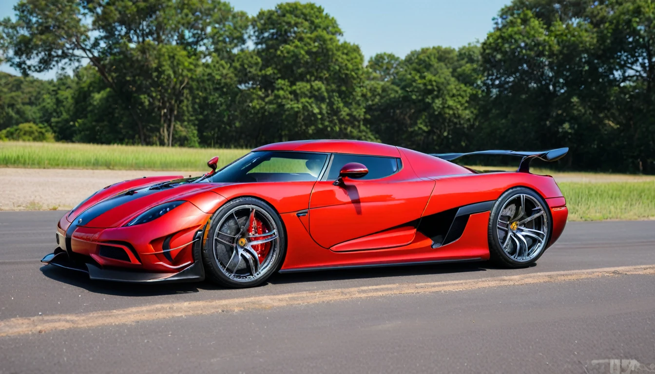 ((A realistic photo of a koenigsegg hyper Car)),cherry red color with chrome mag wheels, parked at a race trac on a summers day, best quality, very hi definition, 8k, curvy bikini Girls standing next to the car, (fine detail,)