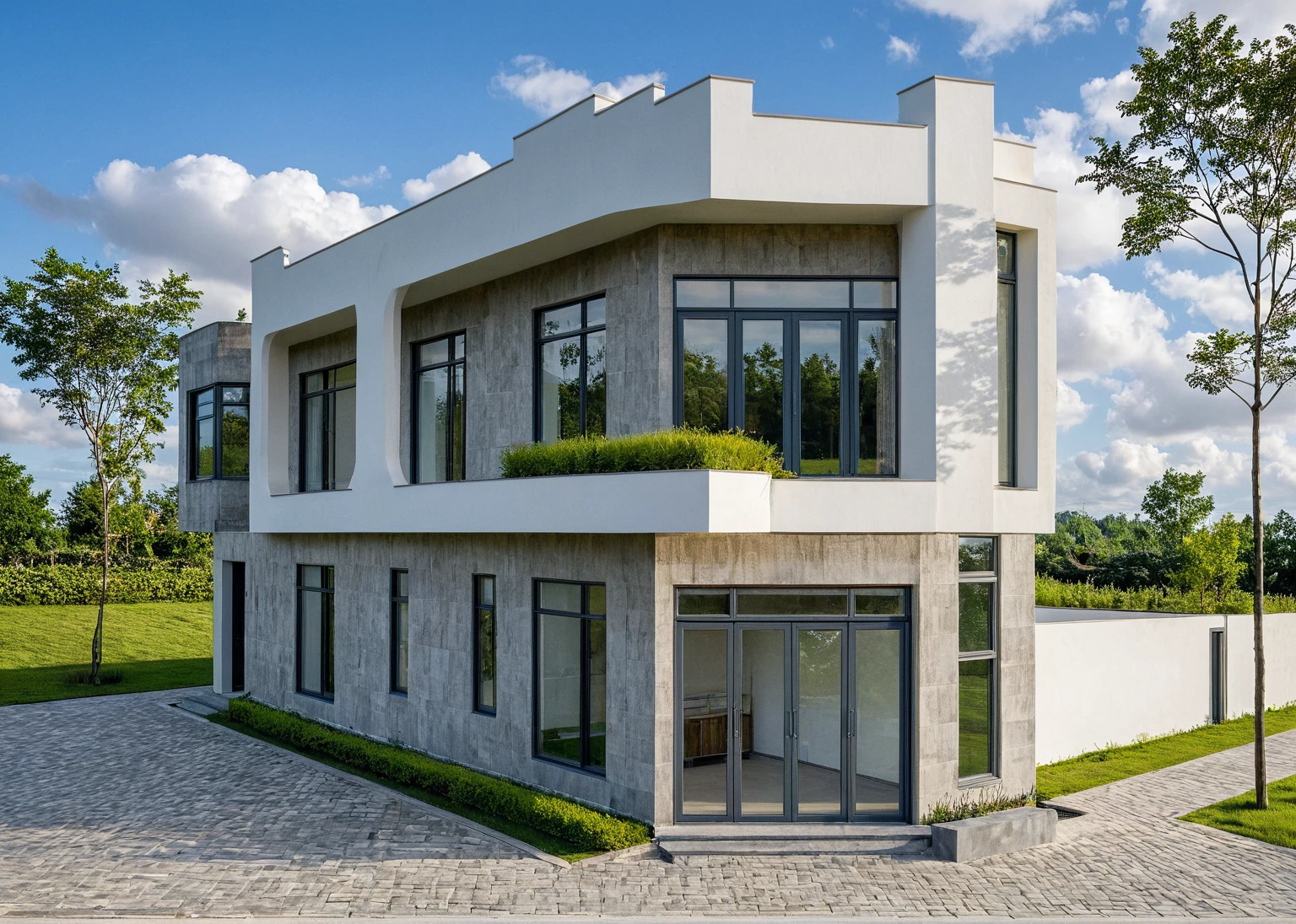 Masterpiece, high quality, best quality, authentic, super detail, outdoors, onestoreyvillaXL, aiaigroup, house style modern on the street ,stairs, white wall ,road,pavement, grass, trees, sky, cloud, (daylight:1.1)
