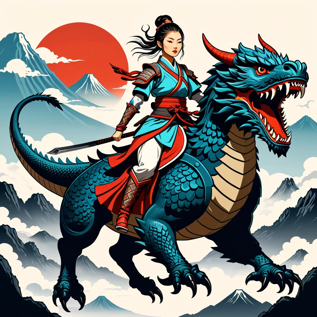 nordic female warrior in japanese folk outfit, riding a flying monster, vector graphics, strong contours
