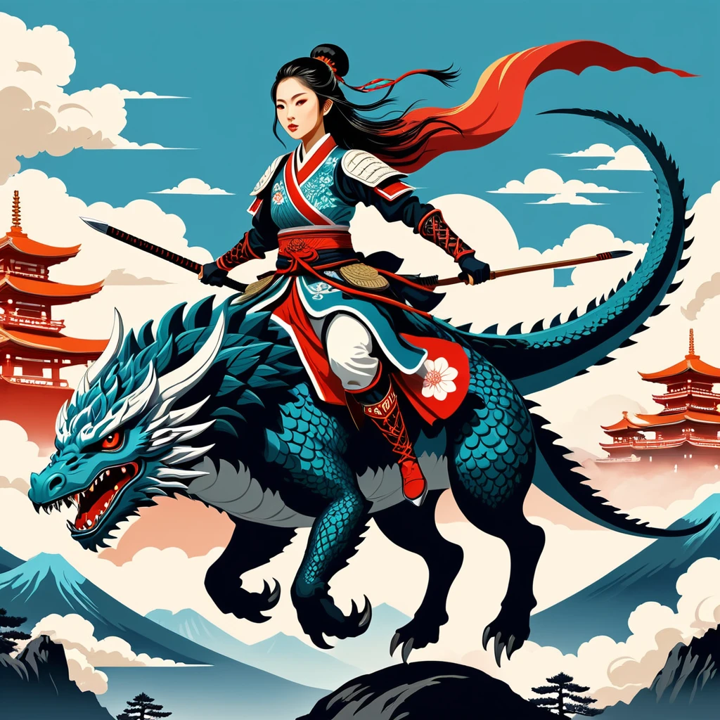 nordic female warrior in japanese folk outfit, riding a flying monster, vector graphics, strong contours
