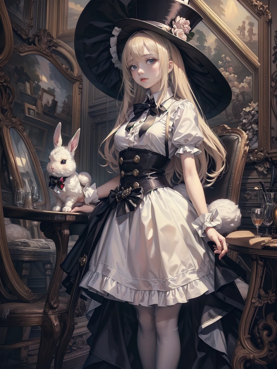 (((Wearing a top hat、Woman holding a rabbit on her chest))), knees、Cowboy Shot、Official Art、Unity8k wallpaper、Ultra-detailed、Beautiful and aesthetic、masterpiece、Highest quality、Detailed eyes、Red eyes、(((Small )))、Cowboy Shot、above kneese、Vania Zhuravlyov, Floral Punk Elysian Maiden, (((Alice in Wonderland in Gothic Lolita Fashion))),Hajime Sorayama Aaron Horkey, Alice in Wonderland Cyberpunk, Alice in Wonderland portrait, Jean＝Sebastian Rosbach, BaroqueVisual KeiDecorative Art, inspired by Tsukioka Yoshitoshi、(((No background))),