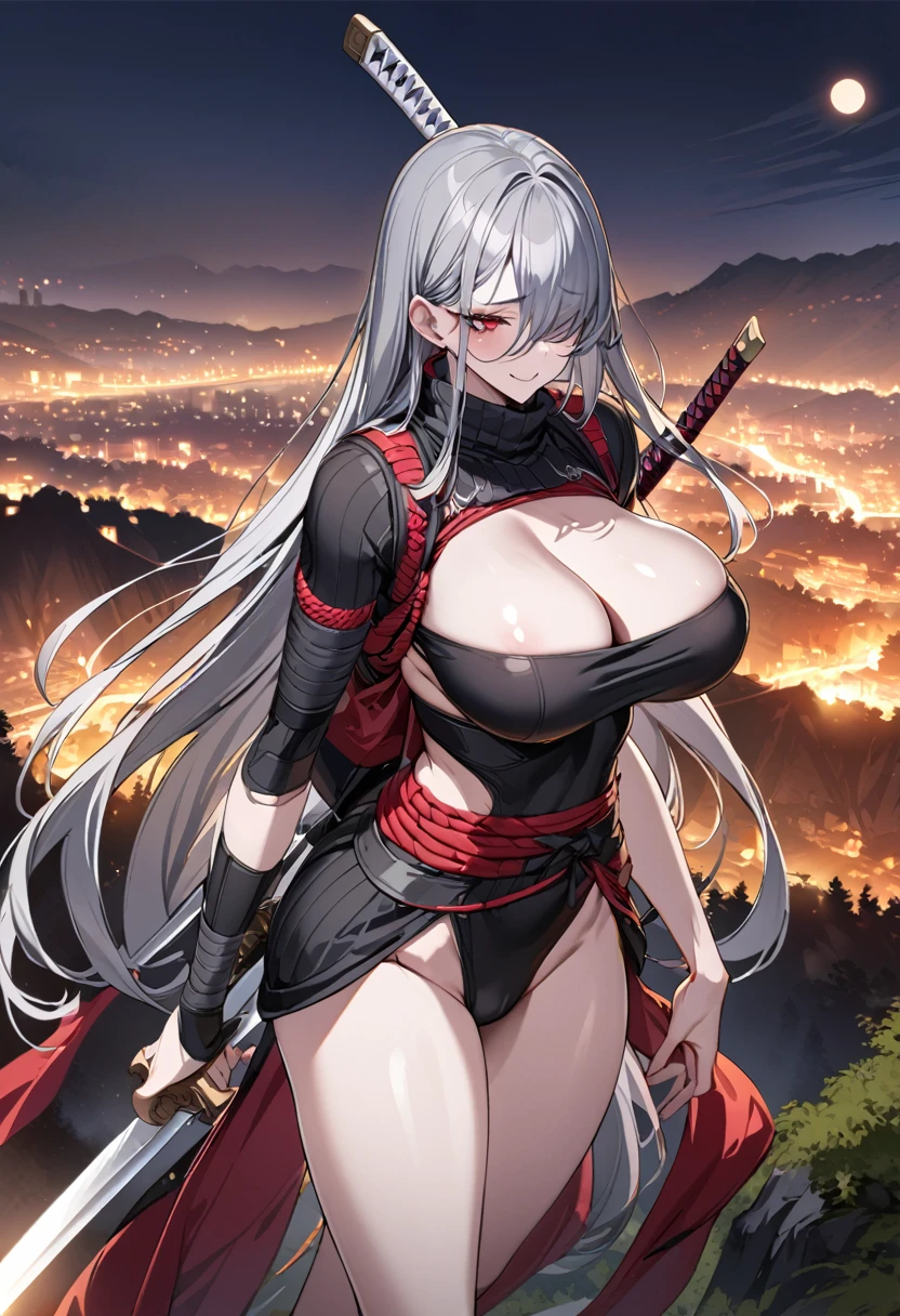 Best Quality, 8k, High resolution, high quality, masterpiece, Beautiful, (Anatomically correct:1.2), A beautiful woman, 20th Generation, Silky gray hair, Straight Long, long bangs that hide one eye, Red eyes, Beautiful Skin, Tall and toned body, pointy big breasts,ninja, Carrying a sword on your back, valley,  Model pose, night, skyscraper, evil grin, face focus,