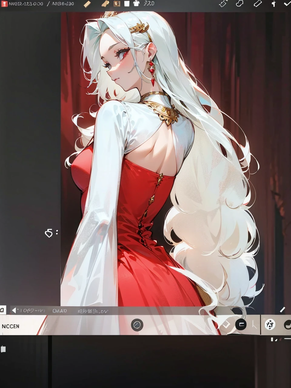 Add in roses to her dress, a good back dress design with some golden jewelry, make her dress into a red and white gown with a hat, give her some unique Jewelry, and make her look somewhat of a demonic angel like appearance to her