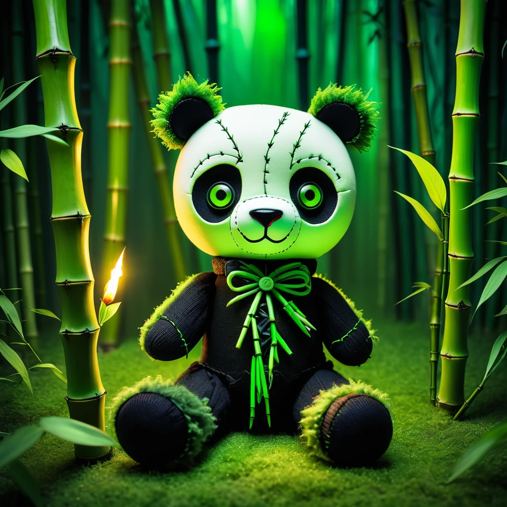 (knitted toy voodoo doll:1.9), (Voodoo Panda in Bamboo Forest:1.3), (Clothing: dark fur with glowing green patches:1.0), (Accessories: enchanted cursed bamboo, glowing ethereal eyes, mystical haunted bamboo grove:1.2), (background: eerie bamboo grove with floating, glowing leaves and soft rustling:1.2), best quality, masterpiece, detailed soft oil painting, detailed background, dramatic cinematic lighting, soft edge lighting, professional, dramatic lighting, hard edge lighting, ultra quality, 4k, masterpiece, best quality, 8k, ultra high definition, high resolution, extremely detailed