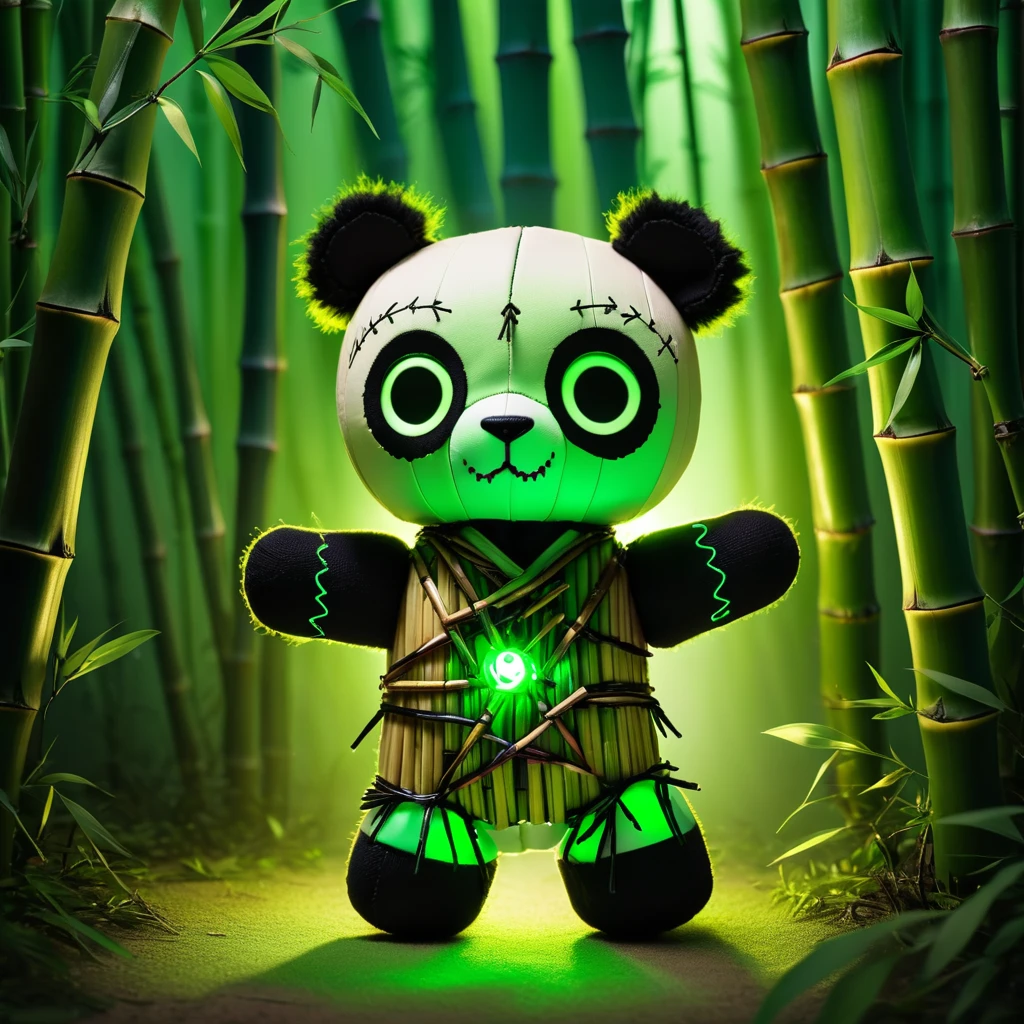 (knitted toy voodoo doll:1.9), (Voodoo Panda in Bamboo Forest:1.3), (Clothing: dark fur with glowing green patches:1.0), (Accessories: enchanted cursed bamboo, glowing ethereal eyes, mystical haunted bamboo grove:1.2), (background: eerie bamboo grove with floating, glowing leaves and soft rustling:1.2), best quality, masterpiece, detailed soft oil painting, detailed background, dramatic cinematic lighting, soft edge lighting, professional, dramatic lighting, hard edge lighting, ultra quality, 4k, masterpiece, best quality, 8k, ultra high definition, high resolution, extremely detailed