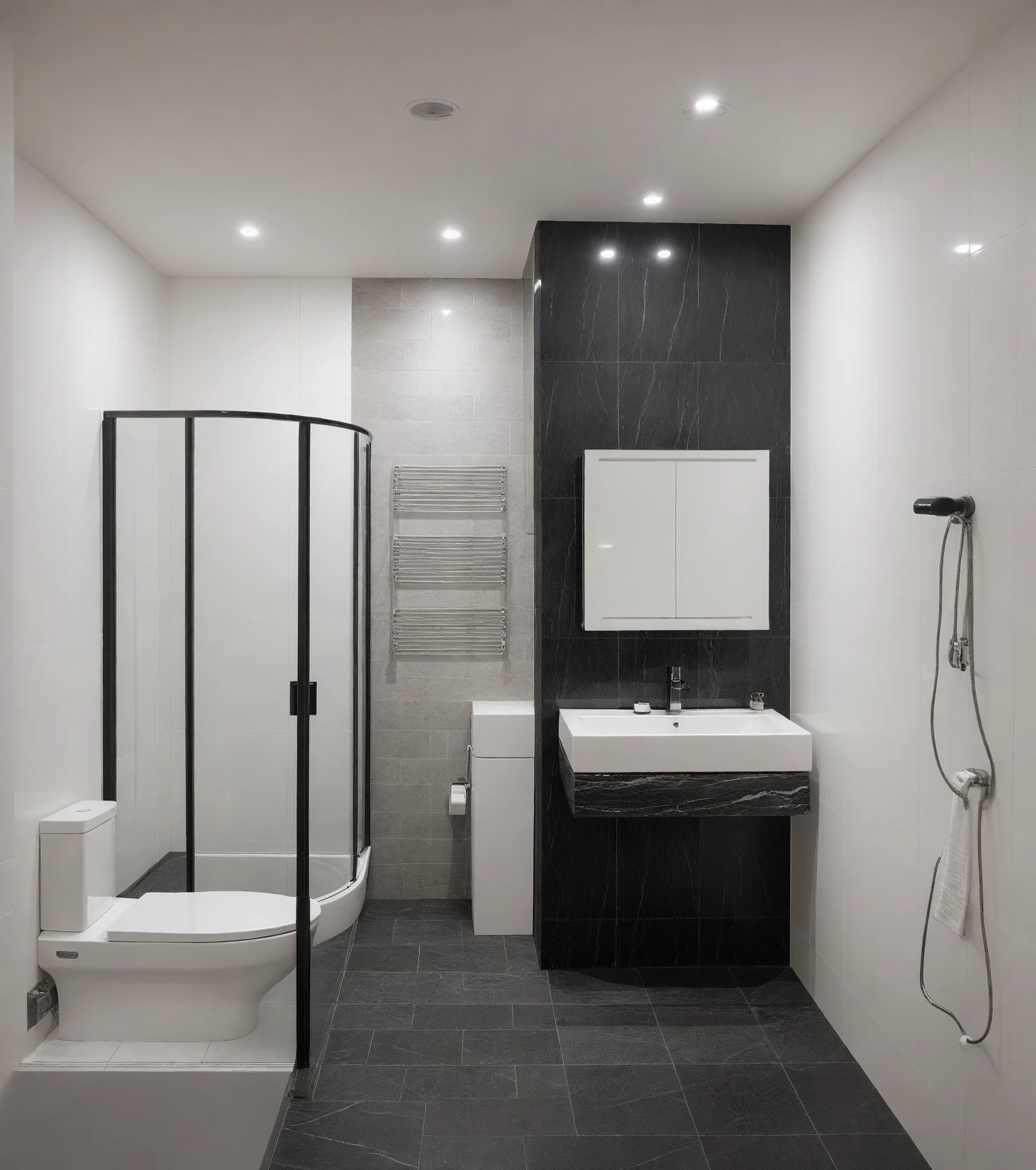 Raw photo,Masterpiece, high quality, best quality, authentic, super detail,
indoors, interior , ((TOILET :1.3)), modern style, daylight, (WHITE WALL),luxury, marble tile floor, fridge, black stone counter top