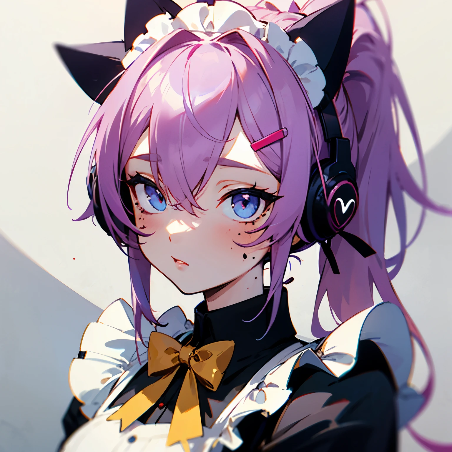 rainbow hair, ponytail, hairpin, Hair Ribbon, hair bow, maid headdress, goggles, moles under the eyes, heart shaped eyes, cat ear headphones, boring