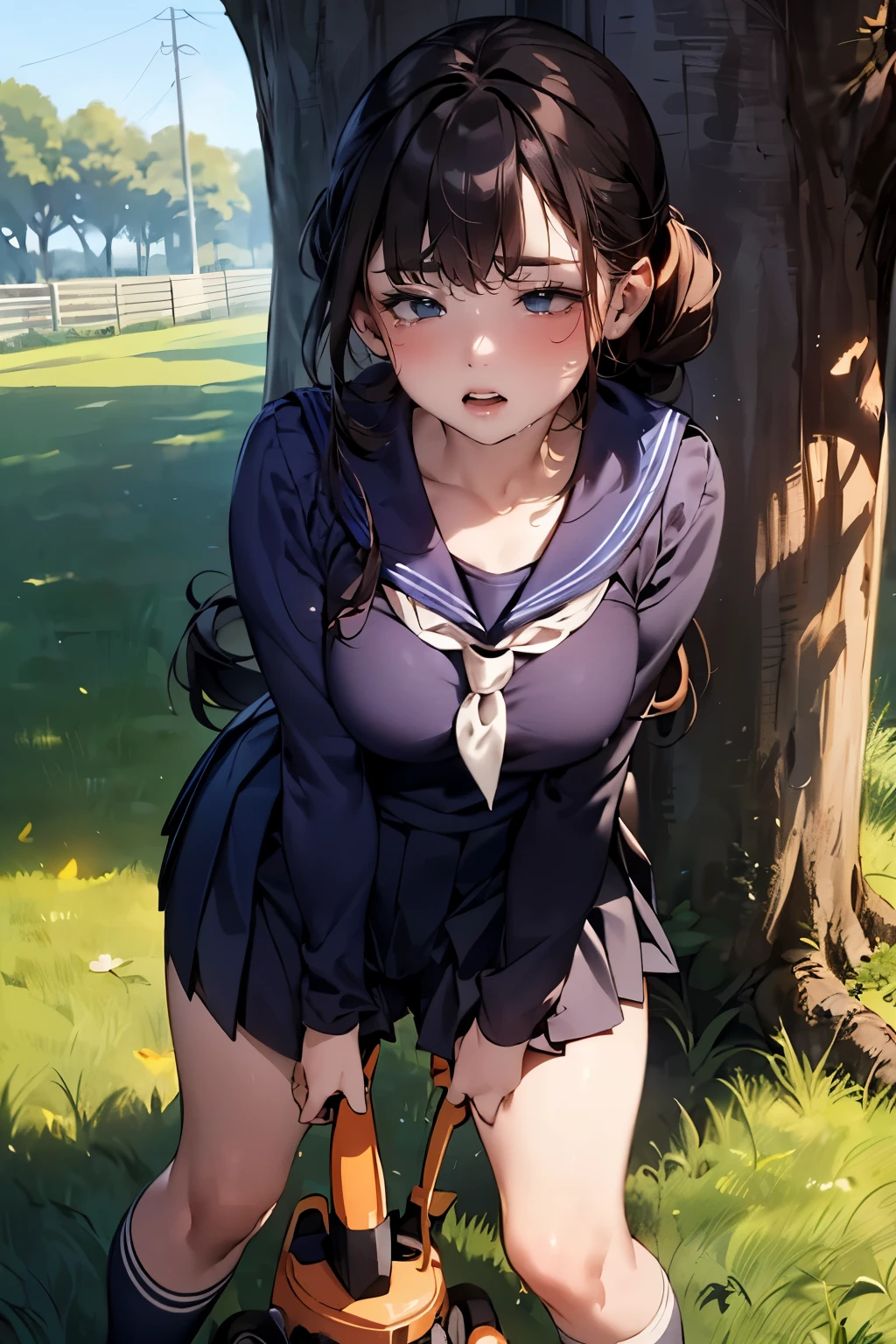 (a woman is hiding in the shadow and leaving from street, tree, fence), (((round face, drooping eyes, blush, crying))), hentai, ((navy-colored-sailor-suit, pleated skirt, sailor scarf, white-socks, loafers)), (((incontinent, peeing, humiliated))), (((pee dripping from the crotch))), embarrassing, outdoor, braiding, (standing and straddling to hit her crotch area from over clothes against a vibrating grass trimmer handle),